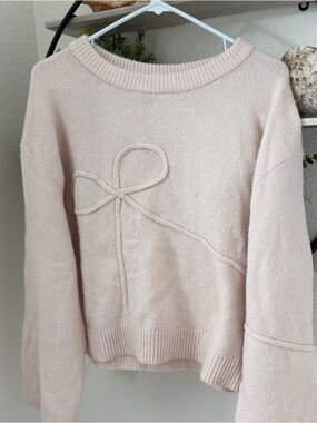 Divided Womens Pale Pink Crewneck Sweater with Rope Bow Detail